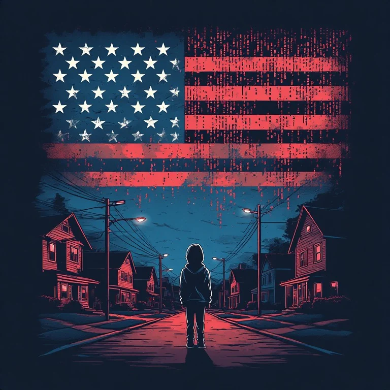 Suburban Sermon dark street artwork beneath a distressed American flag